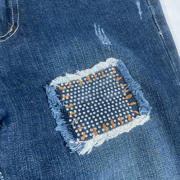 Vintage Bebe Y2k Low Rise Size 31 Flare Jeans Patchwork Rhinestone Distressed - Picture 5 of 16